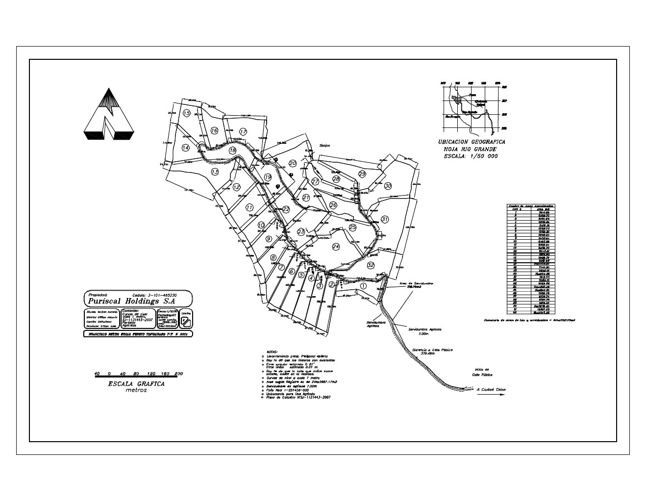 Surveyed plat map showing the 32-lot plan at Orchid Point Estates, Puriscal, Costa Rica